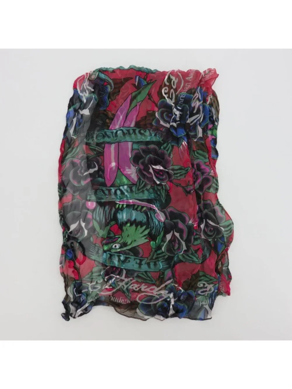 Ed Hardy All Silk Red Green Black Rectangle Scarf Graphic Tattoo Roses Eagle Y2K